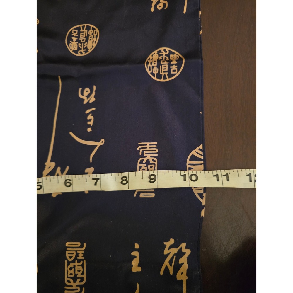 Navy Blue Satin Shawl Scarf with Gold Asian Script and Vase Print Fringe Accent - Picture 6 of 7